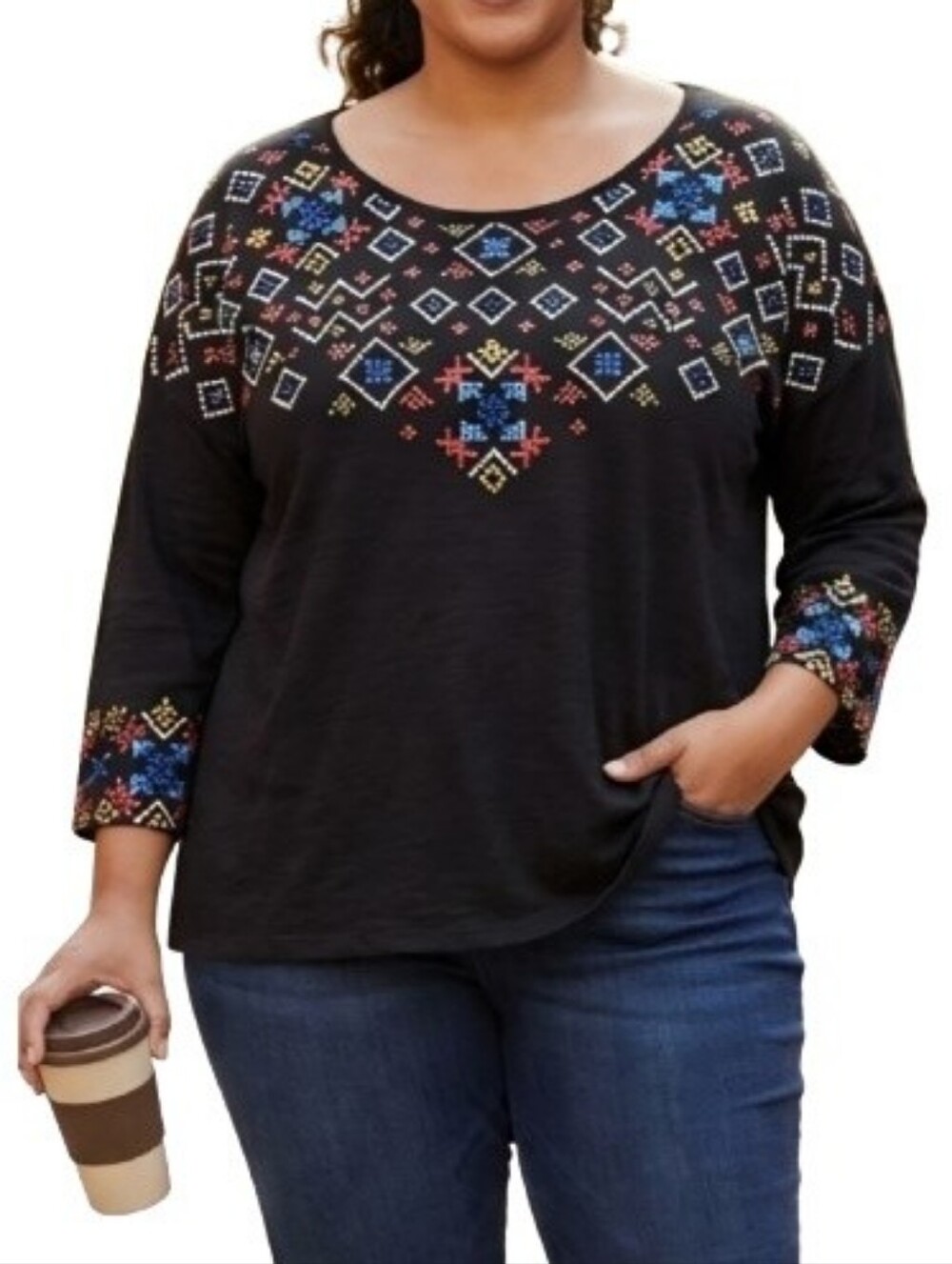 Cato est 1946 Plus Black Knit Blouse Multicolor Geo-Print 3/4 Sleeves